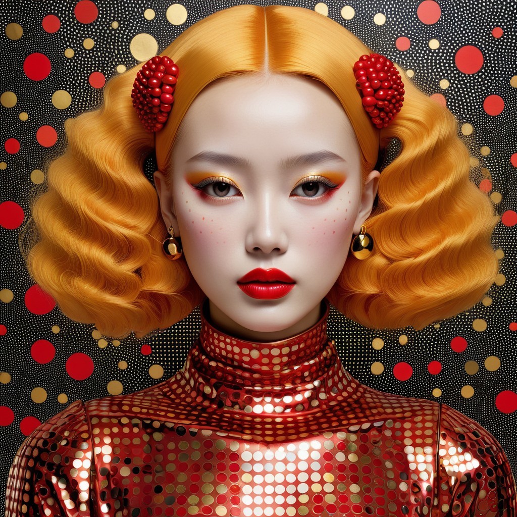Portrait of a model with vibrant orange hair and bold accessories