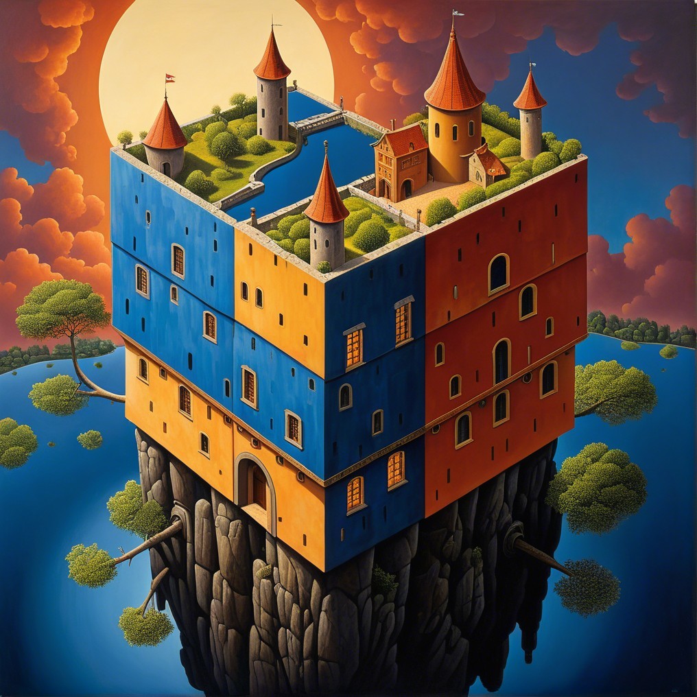 Surreal Cube-Shaped Castle Above the Ocean at Sunset