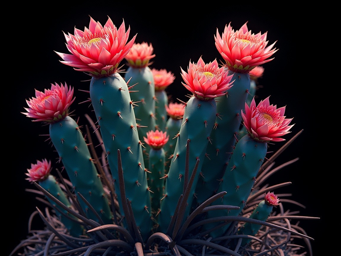 Vibrant Pink Flowers on Cactus with Dark Background