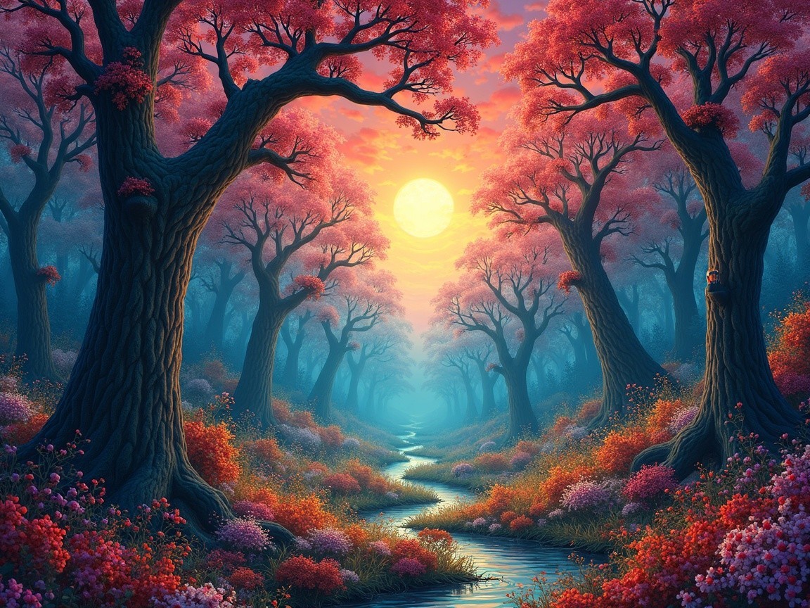 Vibrant Forest Landscape at Sunset with Flowers and Stream