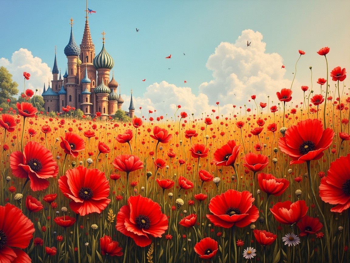 Vibrant Landscape with Red Poppies and Castle View