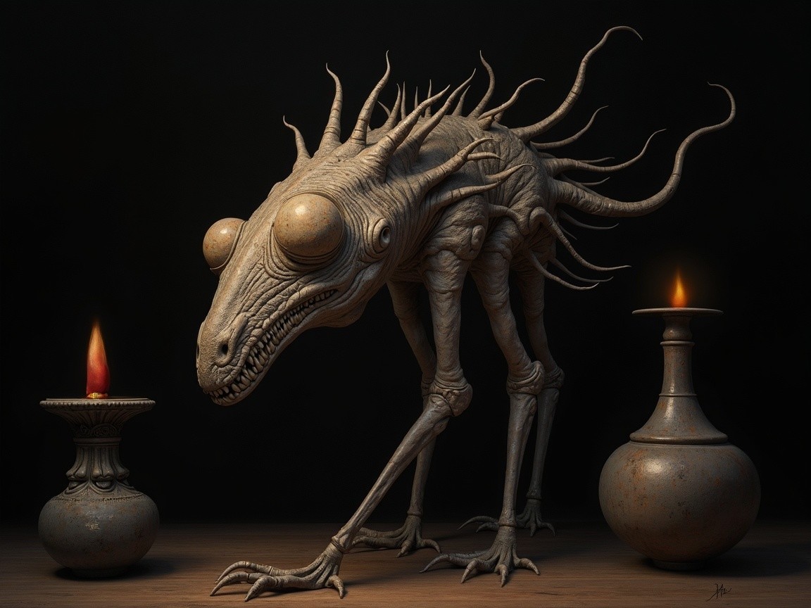 Surreal Creature in Dimly Lit Space with Candles