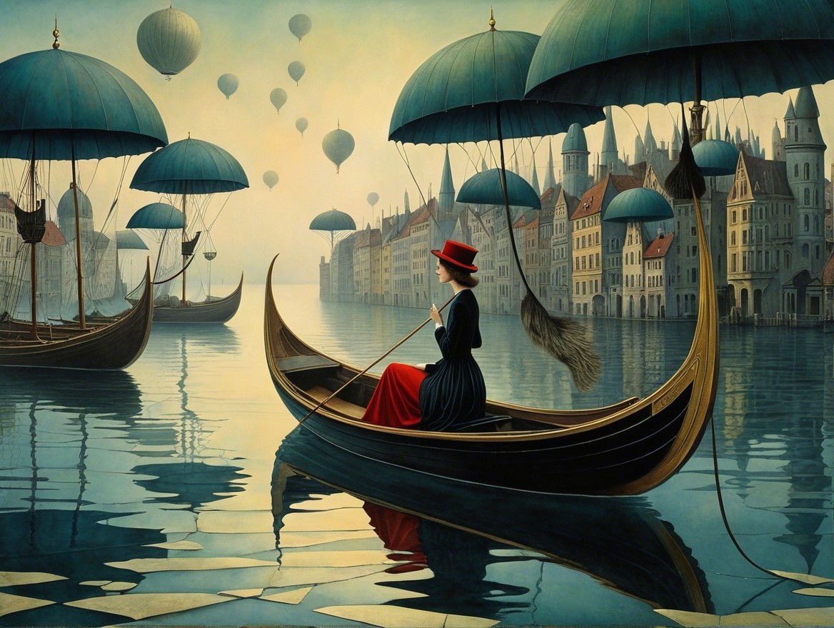 Woman in Black Dress Steering Gondola on Tranquil Waters