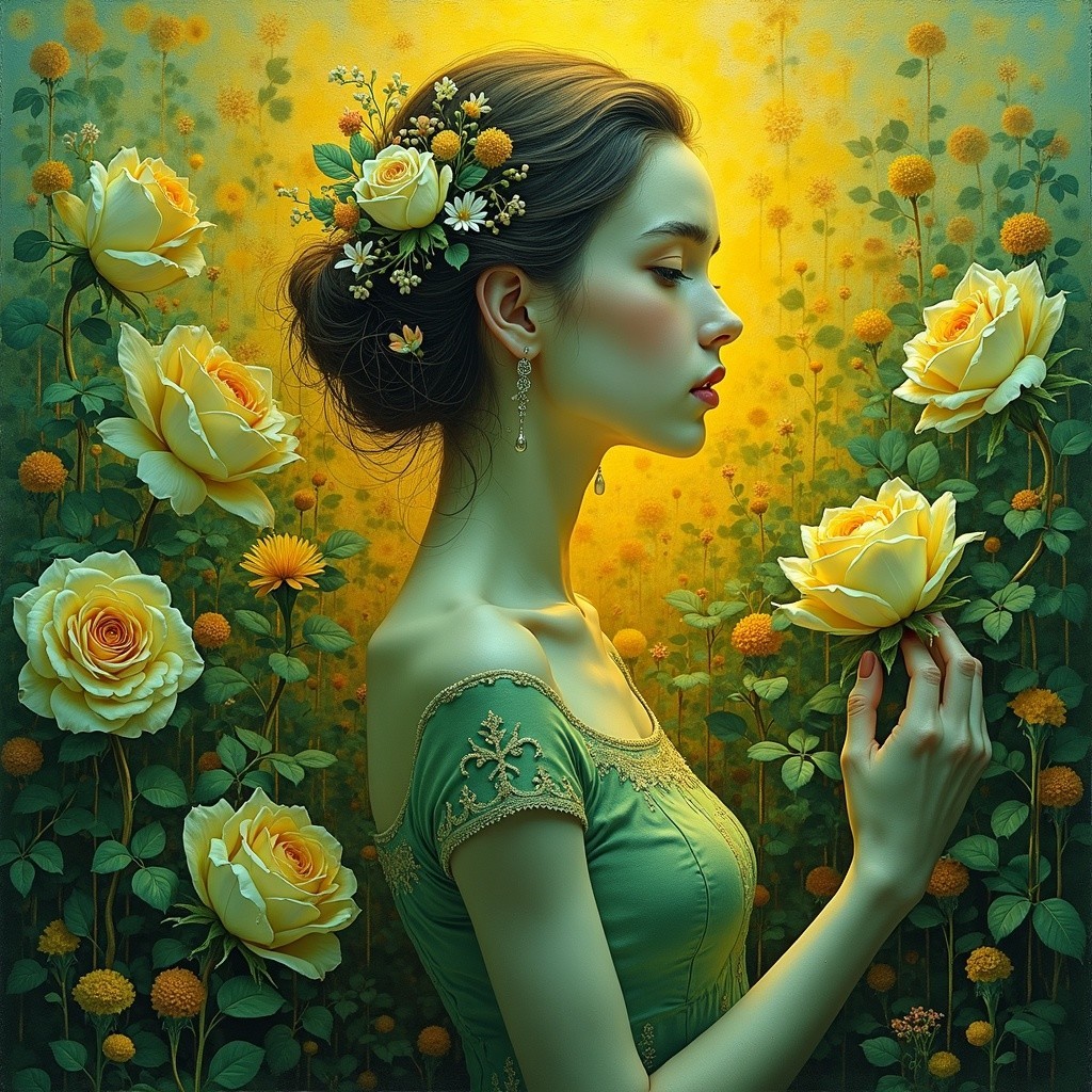 Woman in Green Dress Surrounded by Yellow Roses