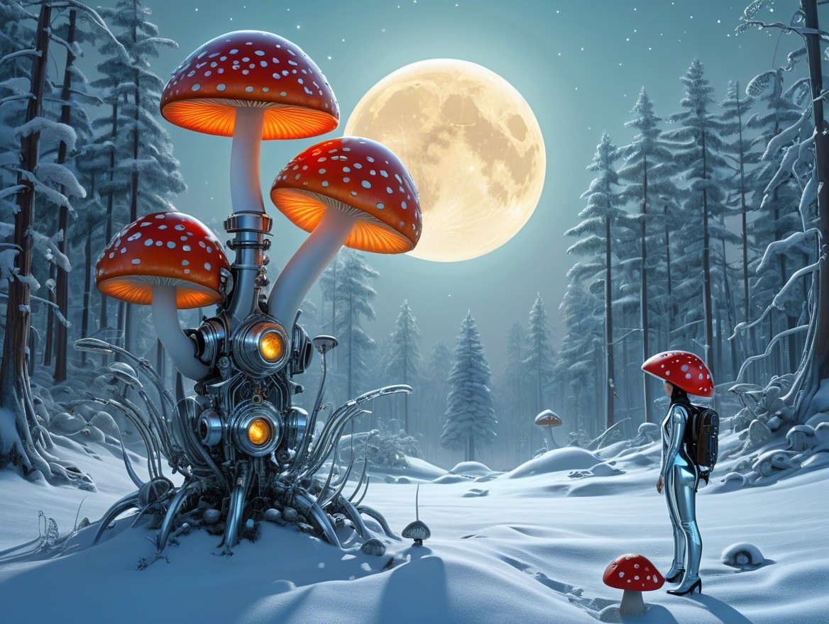 Surreal Snowy Forest with Glowing Mushrooms and Figure
