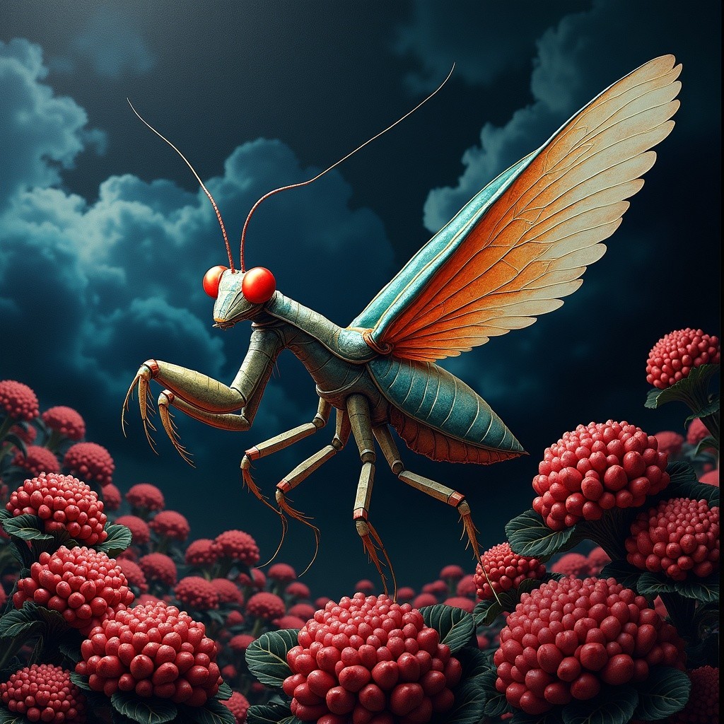 Surreal Praying Mantis Amid Raspberry-Like Flowers