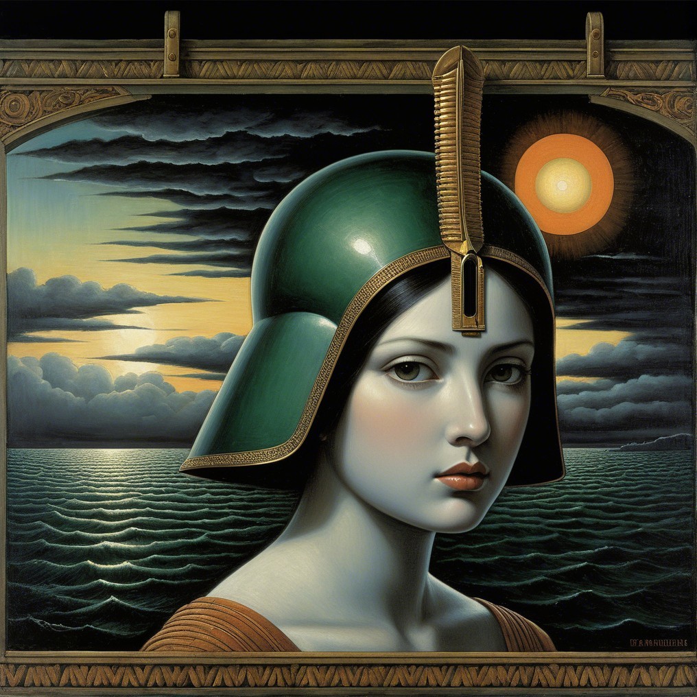 Female Figure in Green Helmet Against Dramatic Sky