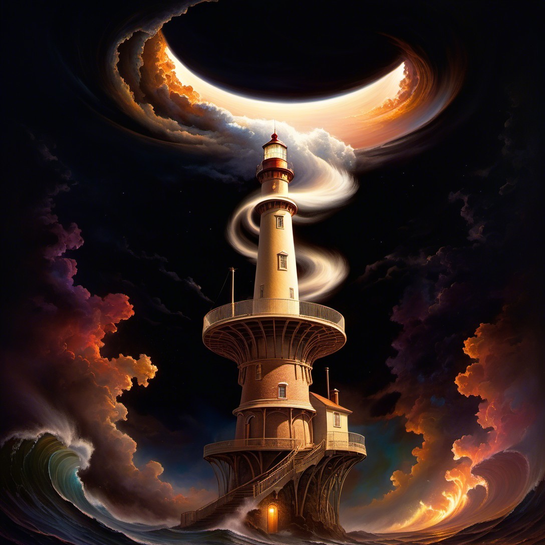 Intricate lighthouse illustration in a stormy ocean setting