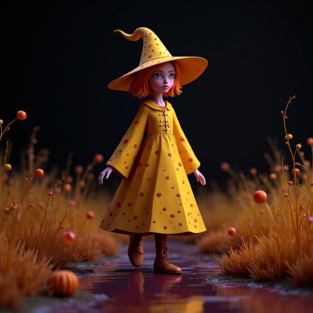 Whimsical Figure on Winding Path Among Pumpkins