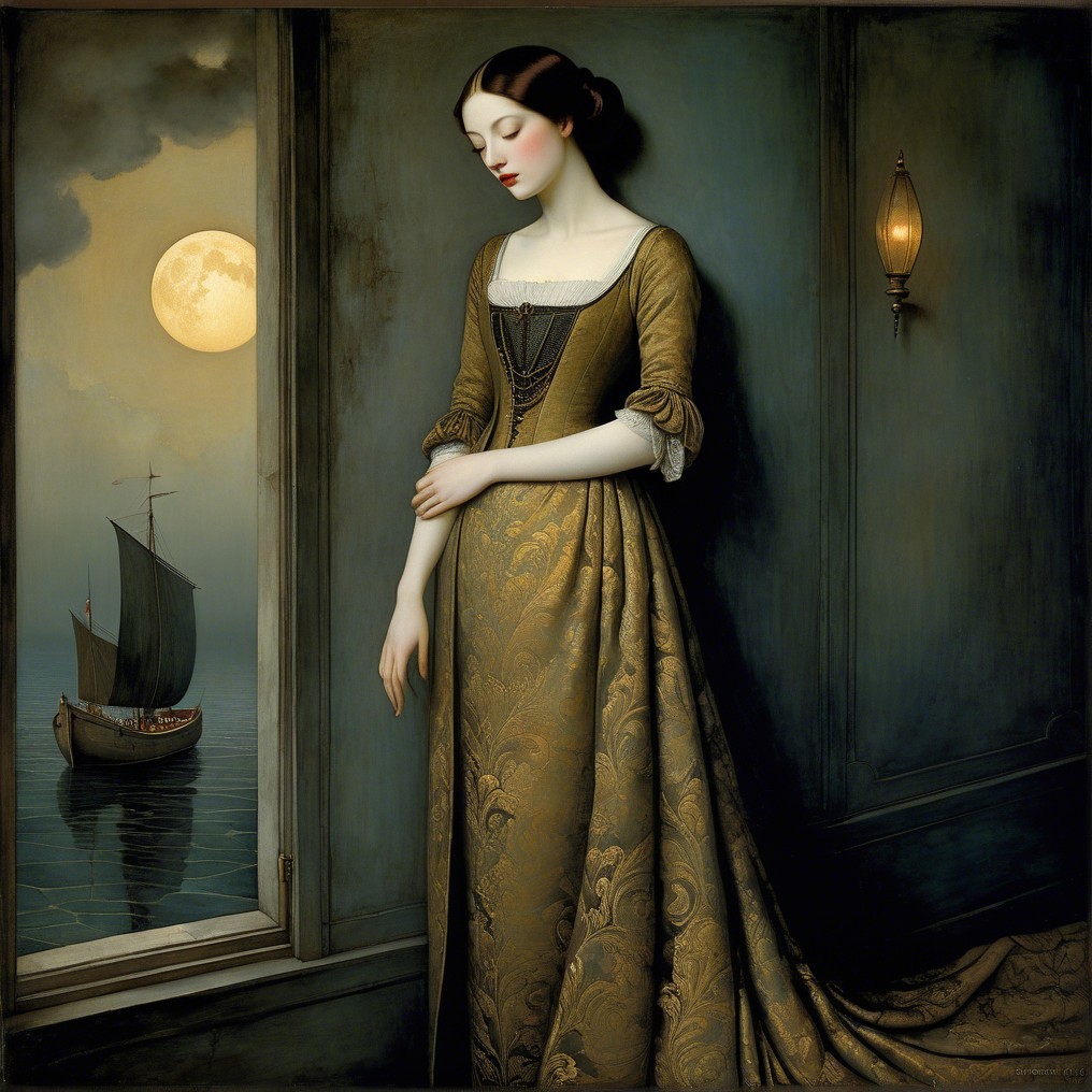 Serene Woman in Ornate Gown by Moonlit Window