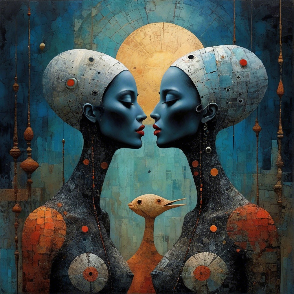 Stylized Blue Figures with Abstract Background and Bird