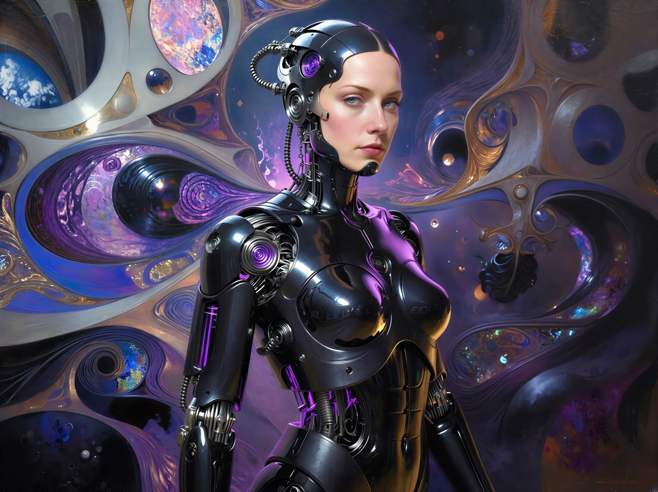 Close-Up of Female Cyborg in Black Armored Suit