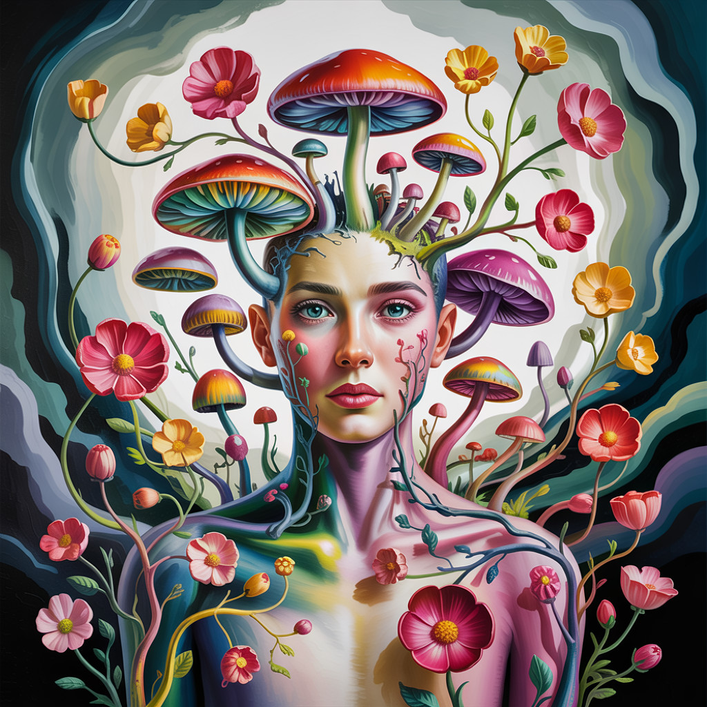 Surreal Female Figure with Mushrooms and Flowers
