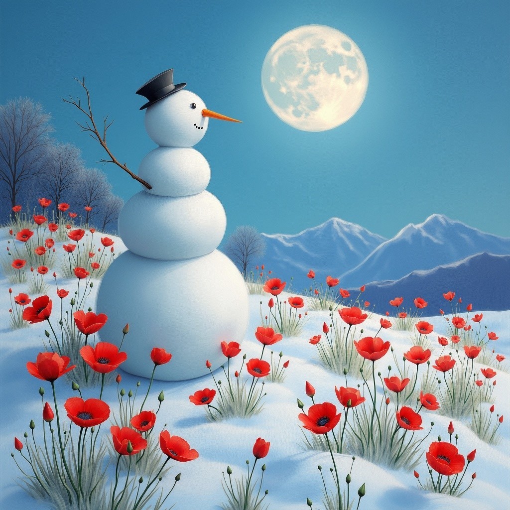 Snowman in snowy landscape with poppies and mountains