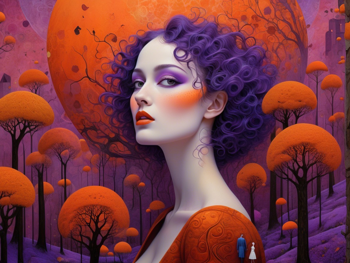 Portrait of a Woman with Purple Curls and Surreal Background