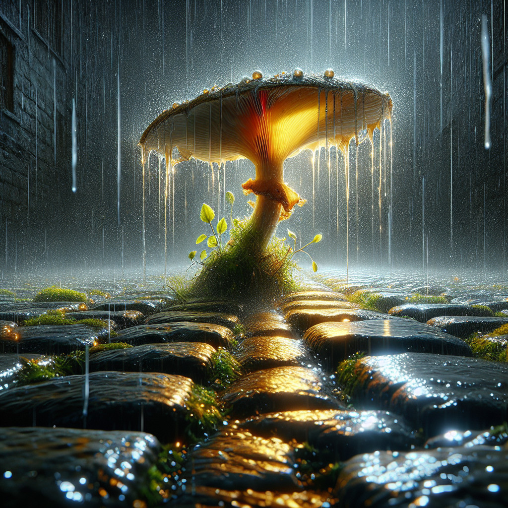 Vibrant Mushroom on Cobblestone Pathway in Rain