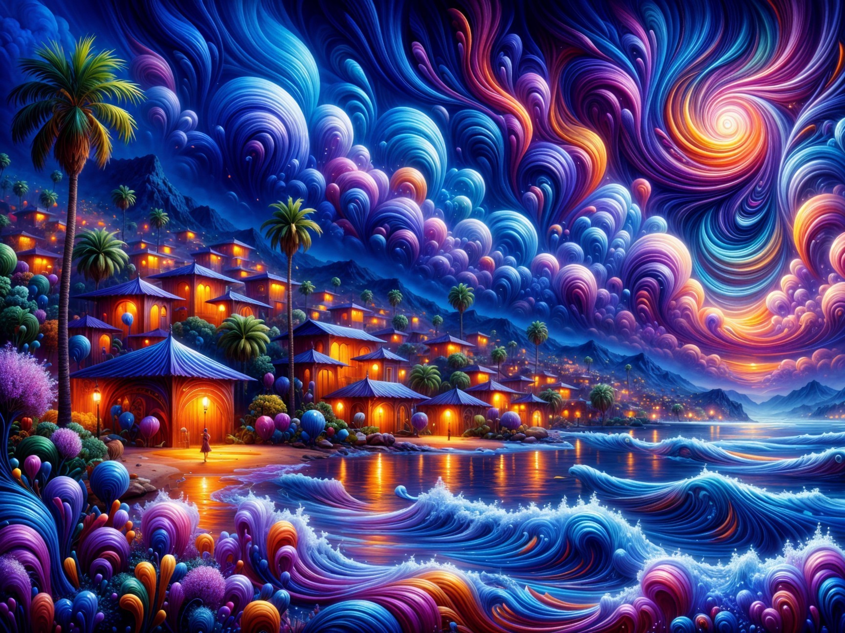 Vibrant Seaside Village at Twilight with Colorful Clouds