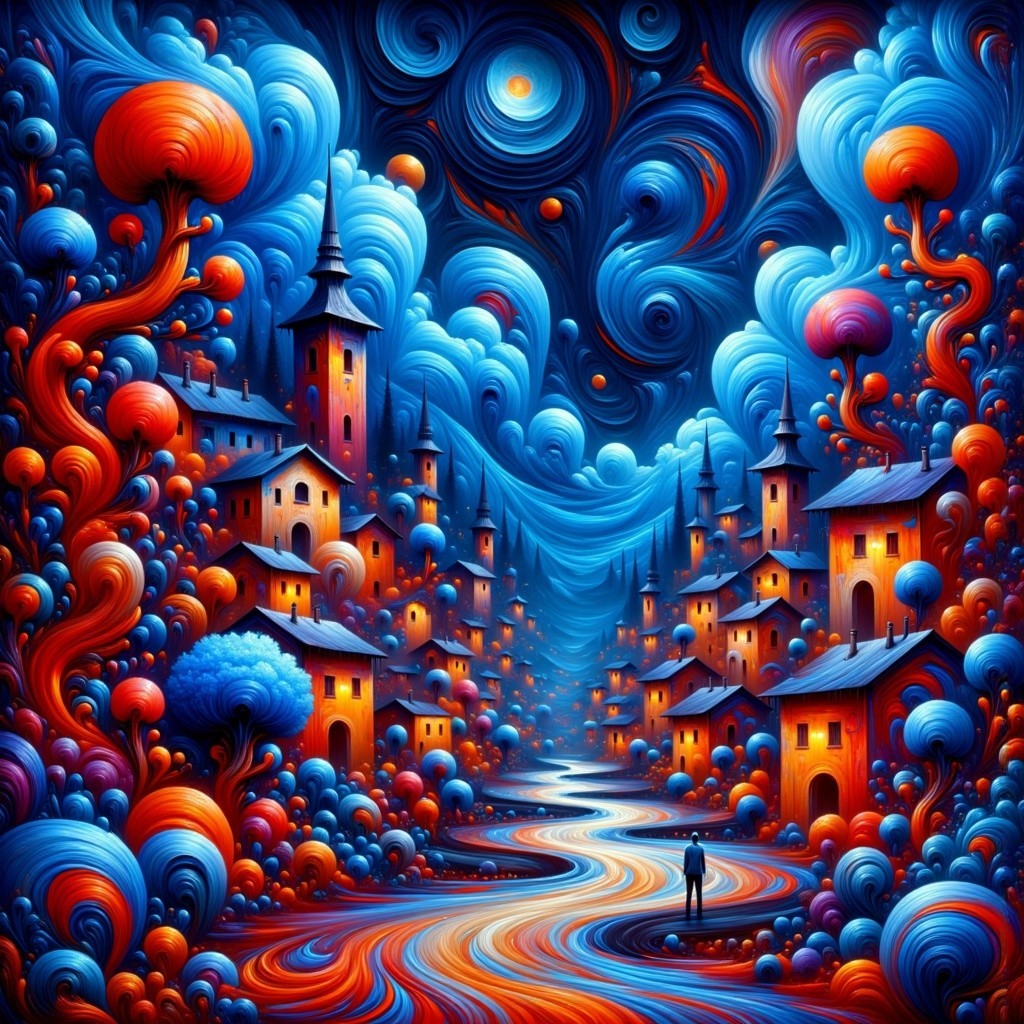 Vibrant Landscape with Colorful Trees and Buildings