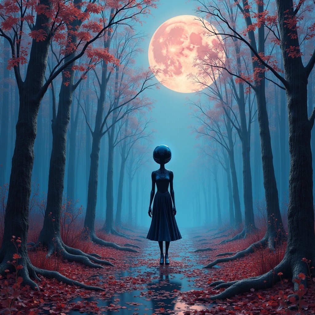 Mystical forest scene with a spherical-headed figure