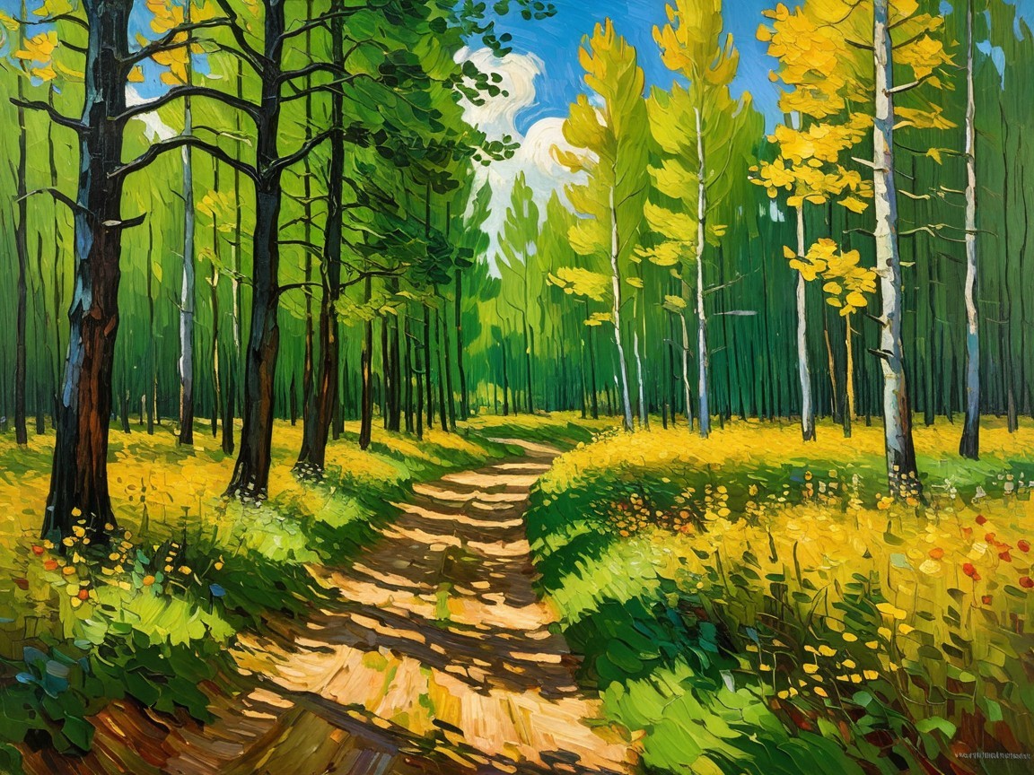 Vibrant Forest Landscape with Winding Path and Wildflowers