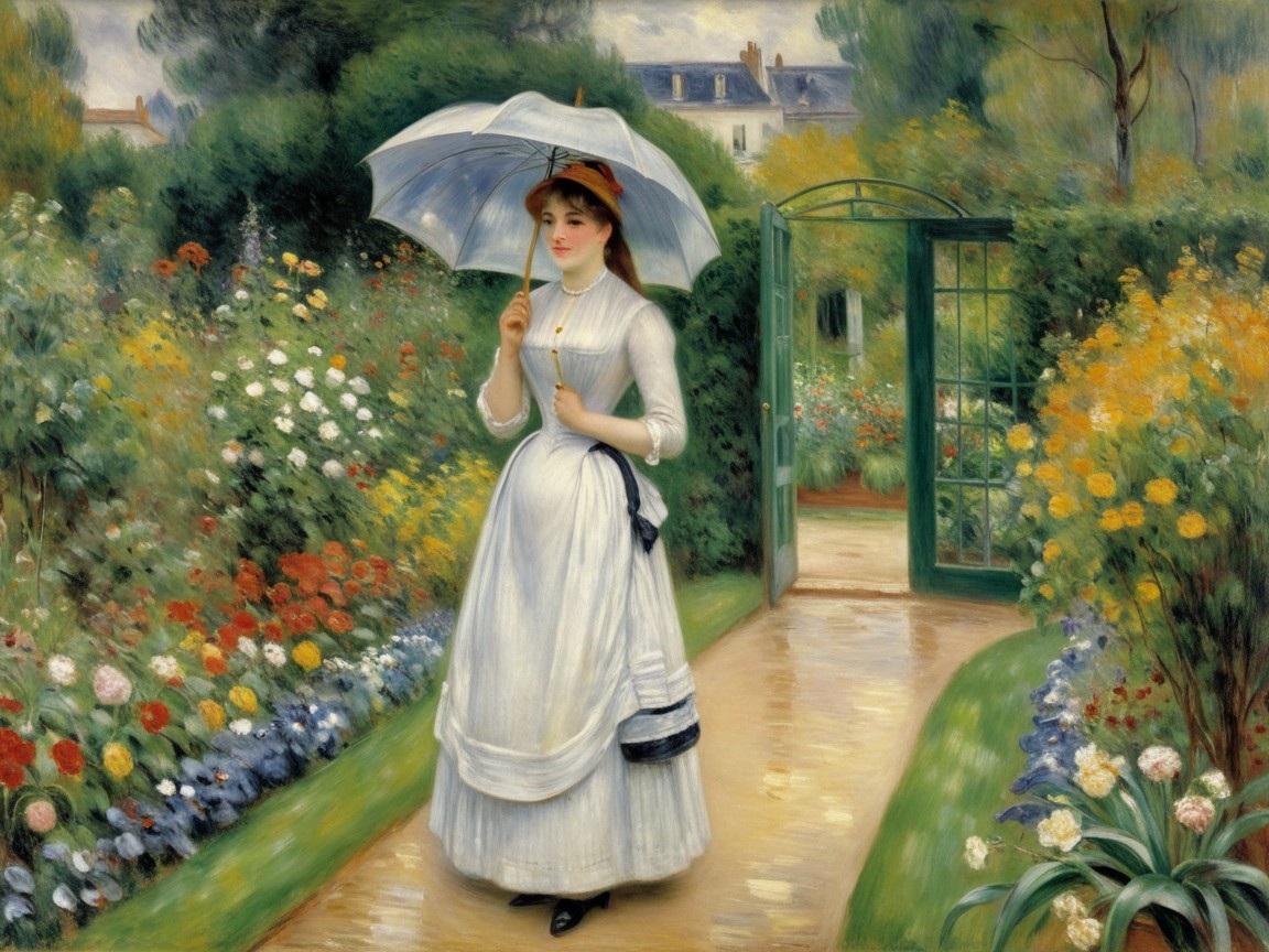 Young Woman in White Dress in Blossoming Garden
