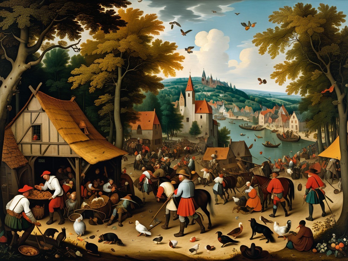 Lively Village Scene by a River with Daily Activities