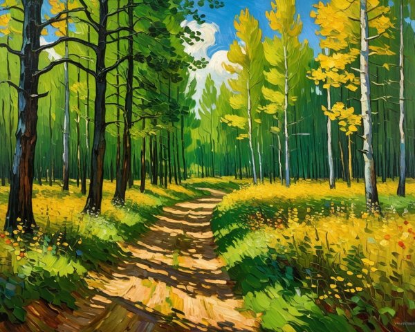 Vibrant Forest Landscape with Winding Path and Wildflowers