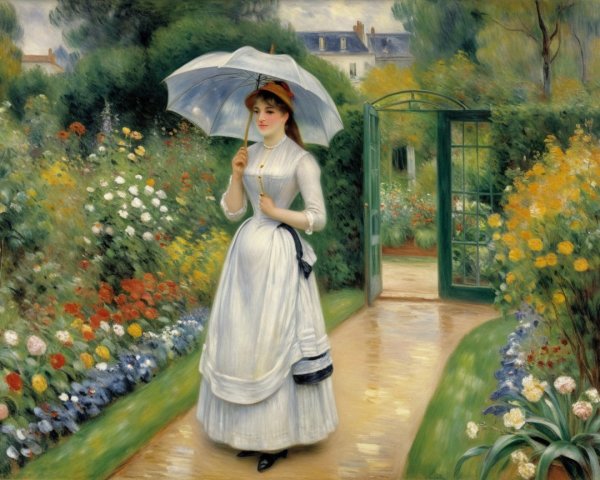Young Woman in White Dress in Blossoming Garden