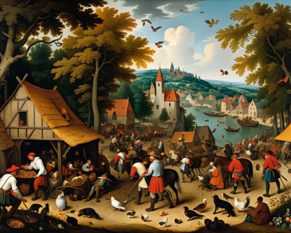 Lively Village Scene by a River with Daily Activities