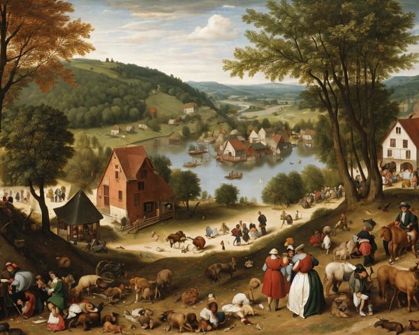Pastoral Village Scene by a Serene River