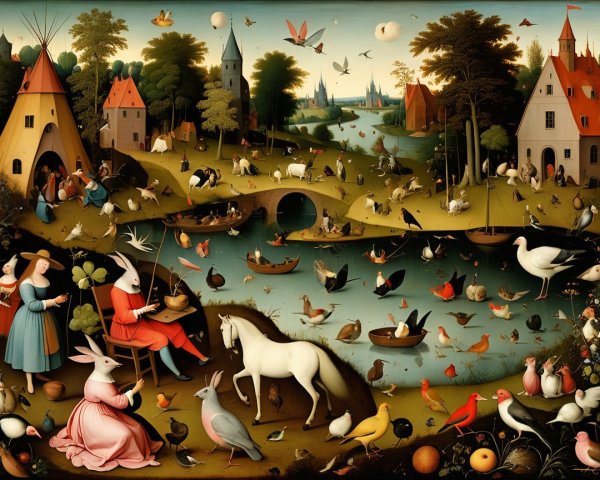 Whimsical Colorful Landscape with Animals and People