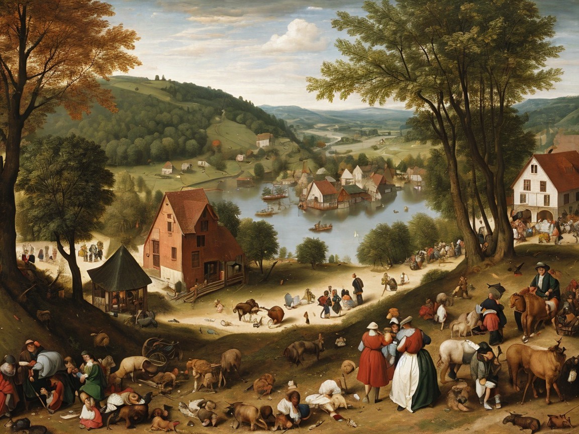 Pastoral Village Scene by a Serene River