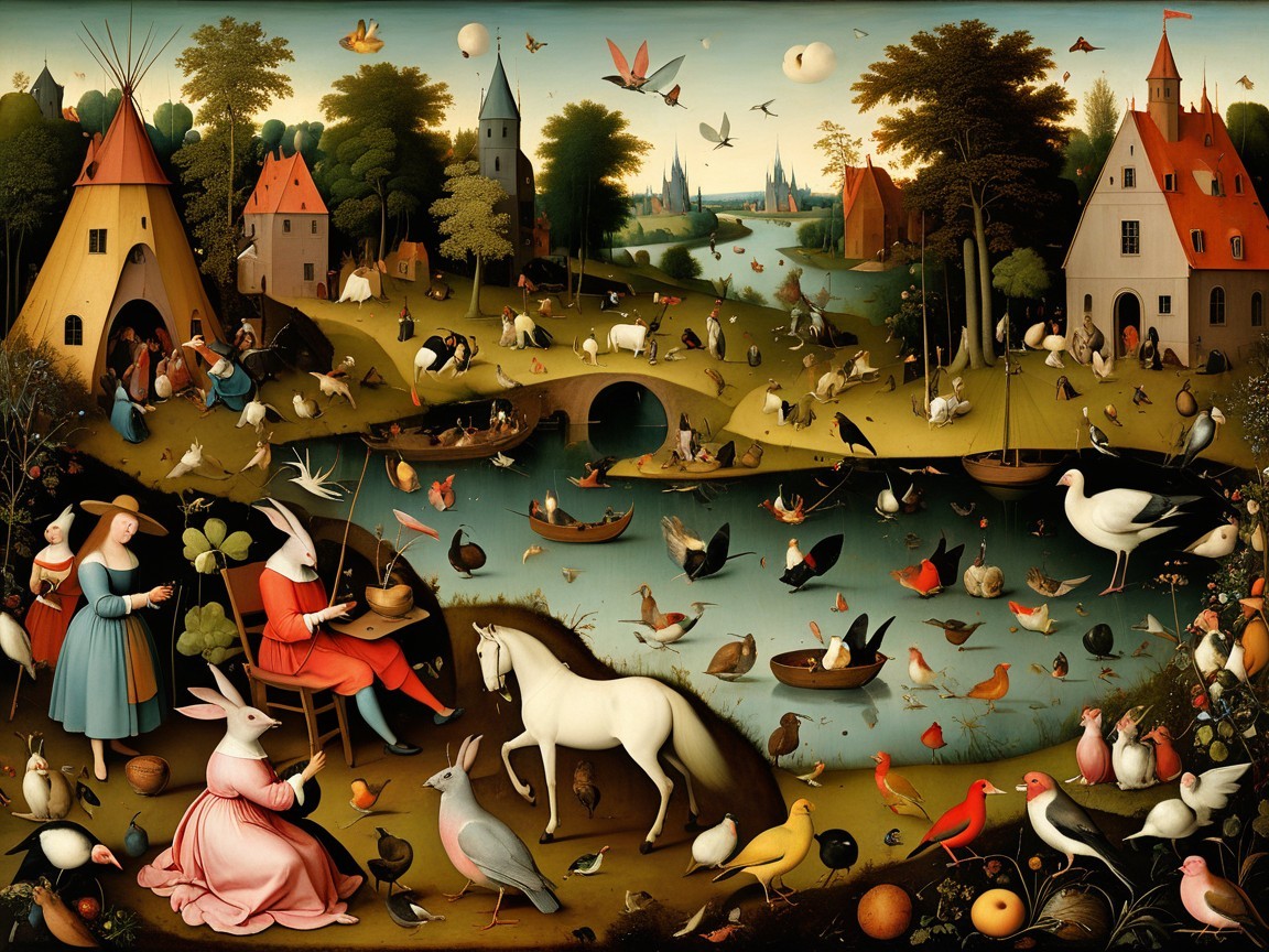 Whimsical Colorful Landscape with Animals and People