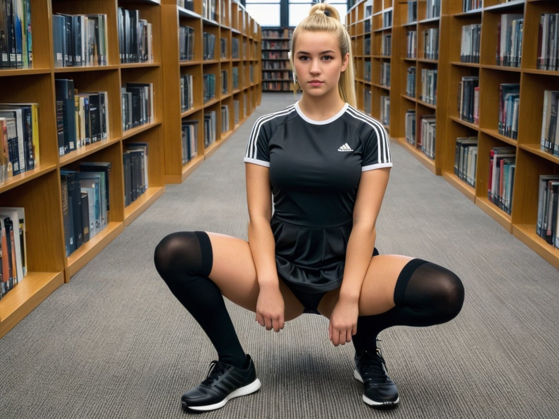 Young Woman in Athletic Attire Posing in Library