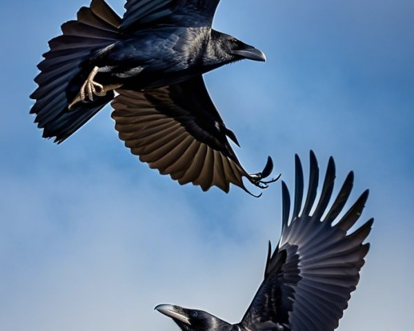 Ravens Flying Under Full Moon in Blue Sky