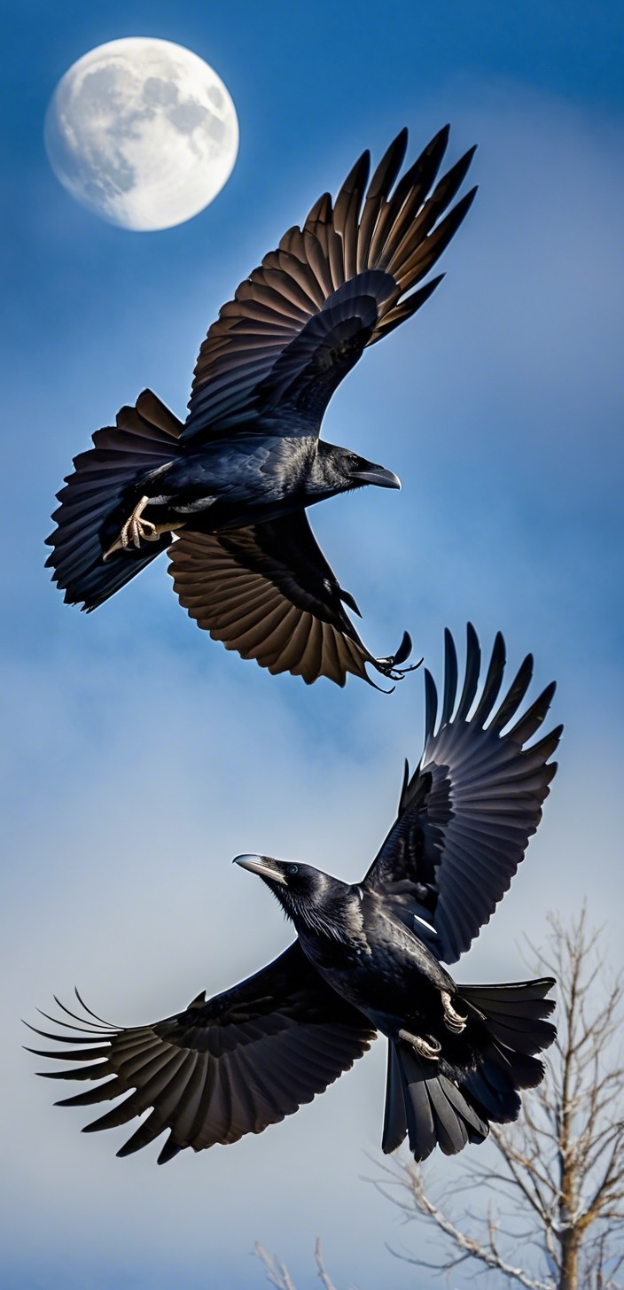 Ravens Flying Under Full Moon in Blue Sky