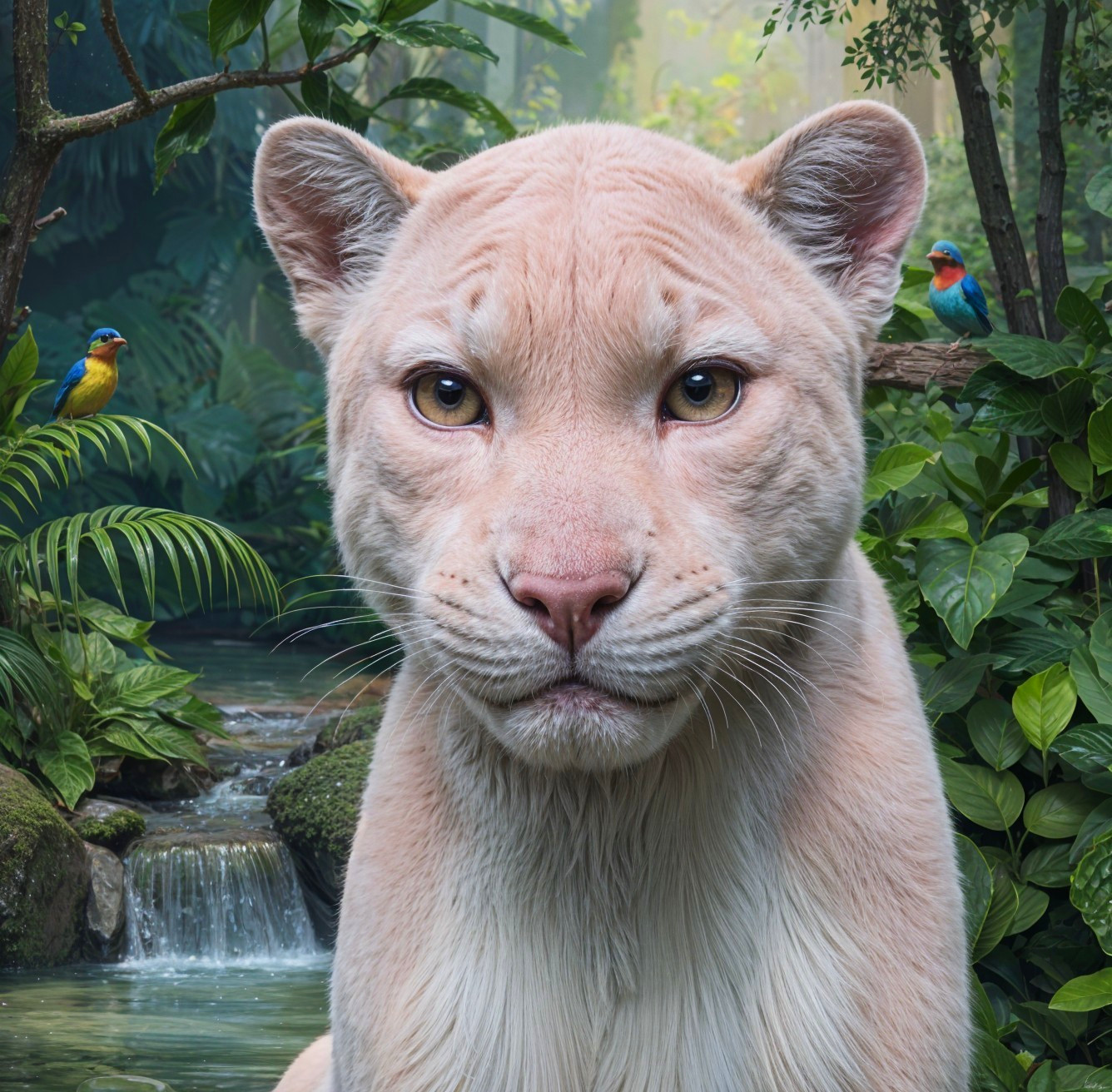 Serene Jungle Scene with Rare Light-Colored Big Cat