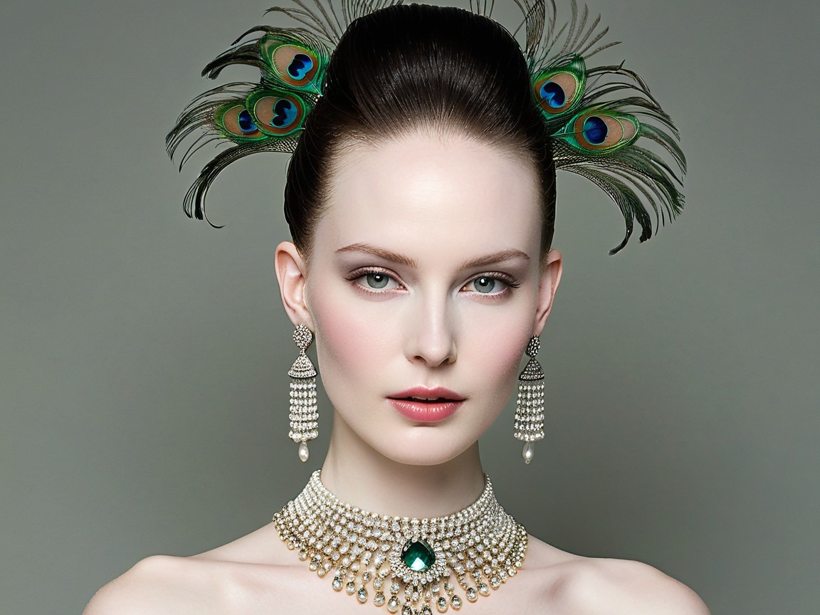 Elegant Woman in Exquisite Jewelry and Peacock Feathers