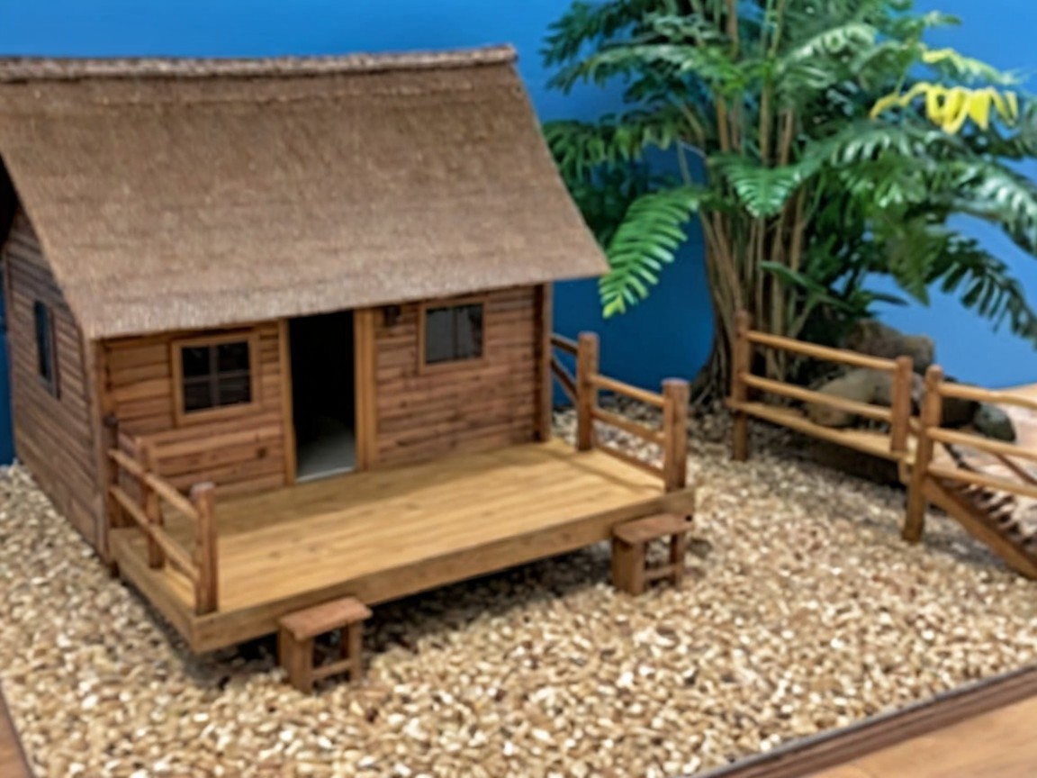 Miniature Wooden House with Thatched Roof and Garden