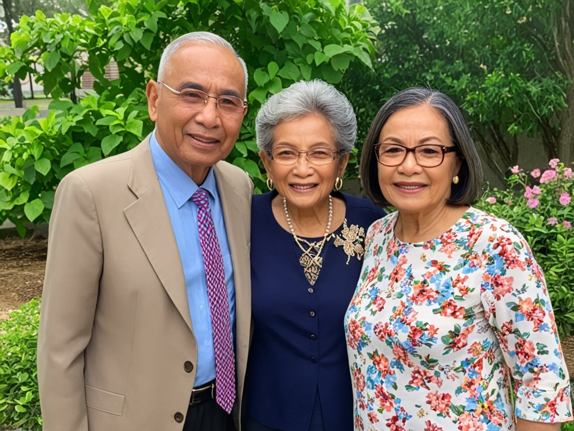 Smiling Trio Poses Outdoors in Lush Greenery