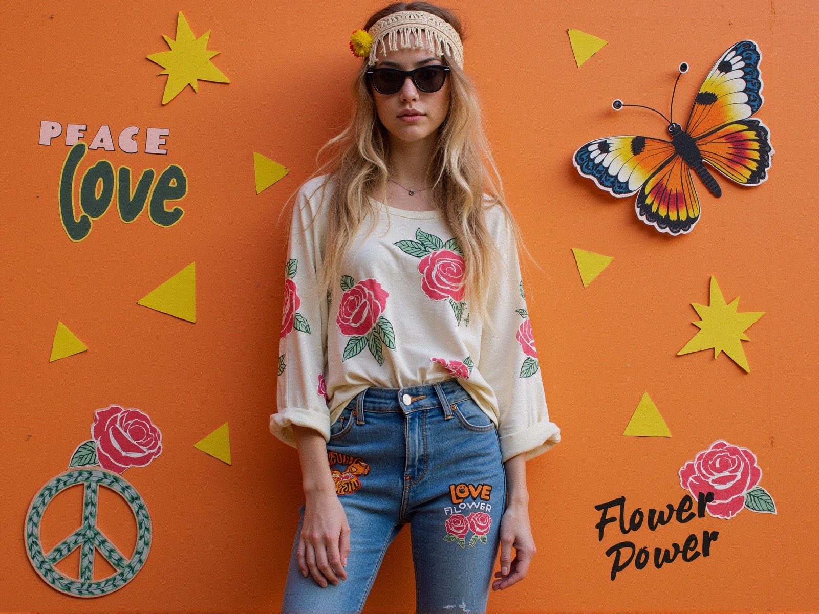 Young woman in bohemian style against orange wall