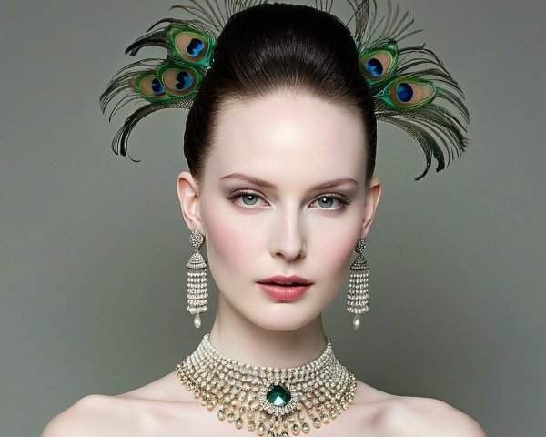 Elegant Woman in Exquisite Jewelry and Peacock Feathers