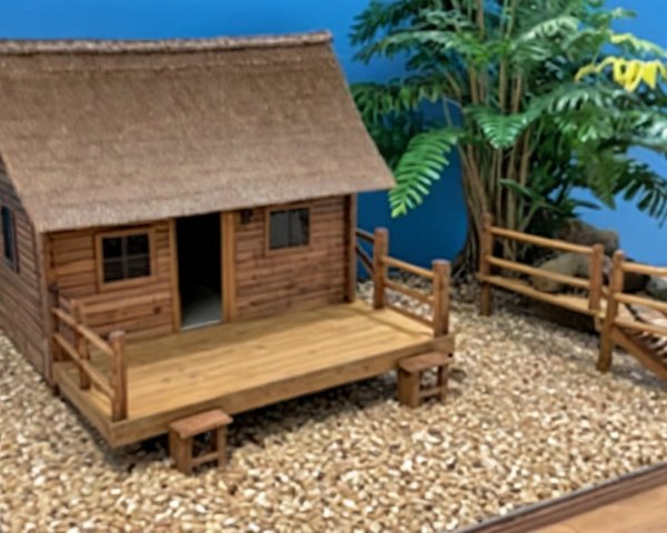 Miniature Wooden House with Thatched Roof and Garden
