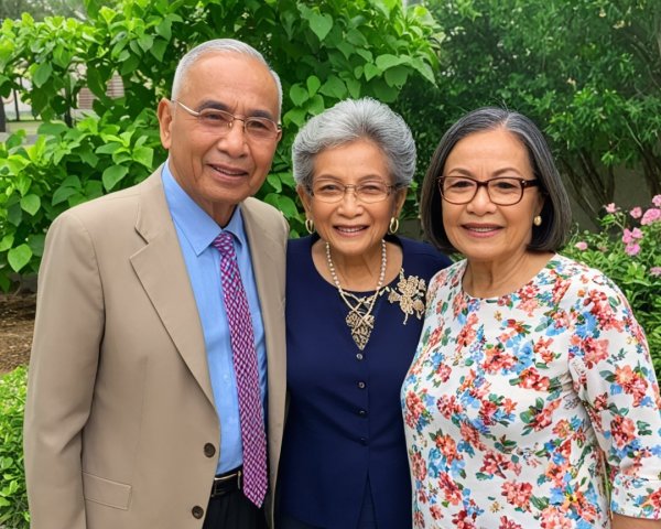 Smiling Trio Poses Outdoors in Lush Greenery