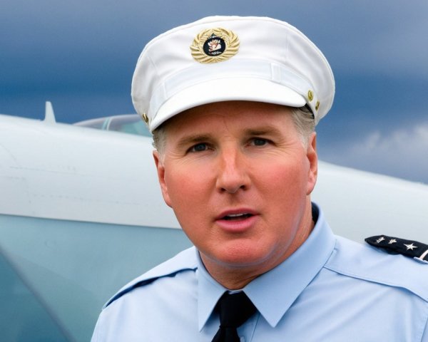 Middle-aged male pilot in uniform by an airplane