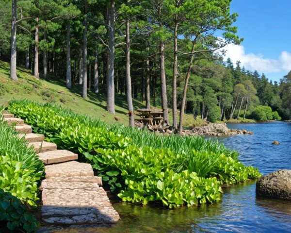 Lakeside Scene with Stone Steps and Water Lilies