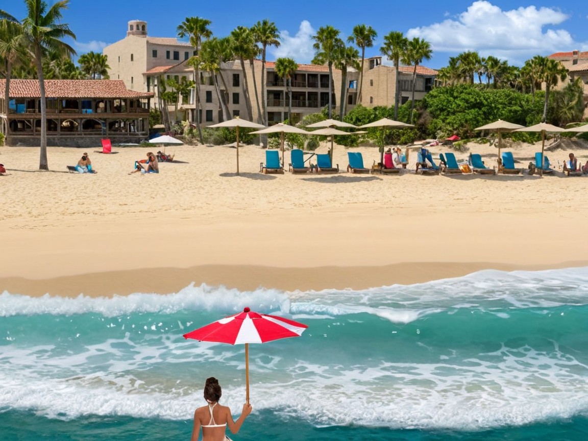 Serene beach scene with umbrellas and sunbathers