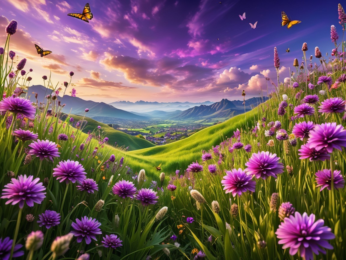 Vibrant Landscape of Purple Flowers and Green Hills