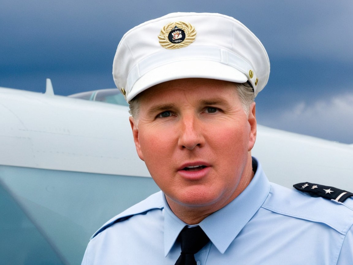Middle-aged male pilot in uniform by an airplane