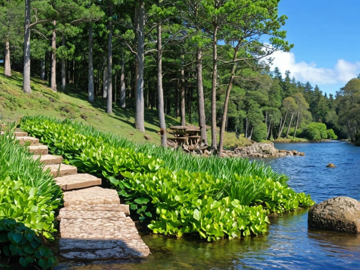 Lakeside Scene with Stone Steps and Water Lilies